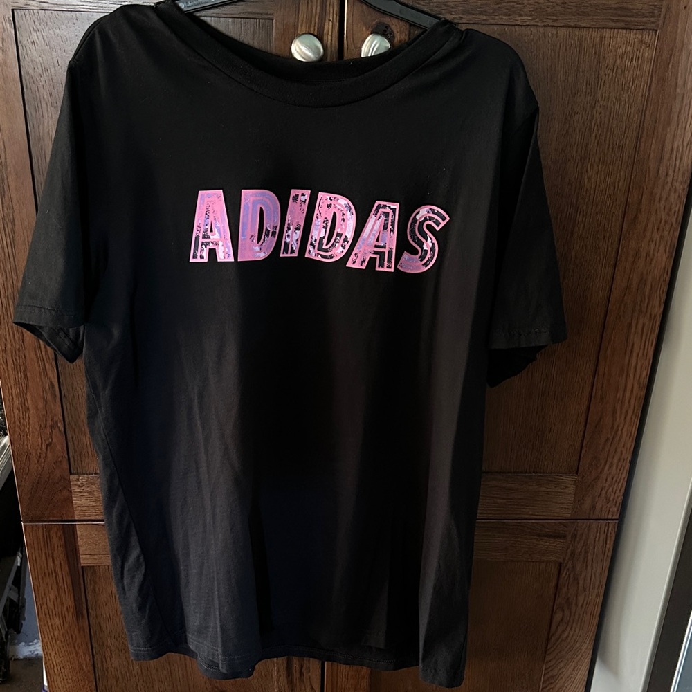 Adidas Black Tee with Vibrant Pink Lettering